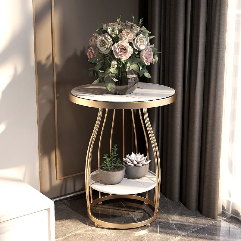 Marble Top End Table Metal Frame Sofa Side End Table with Shelf for Living Room