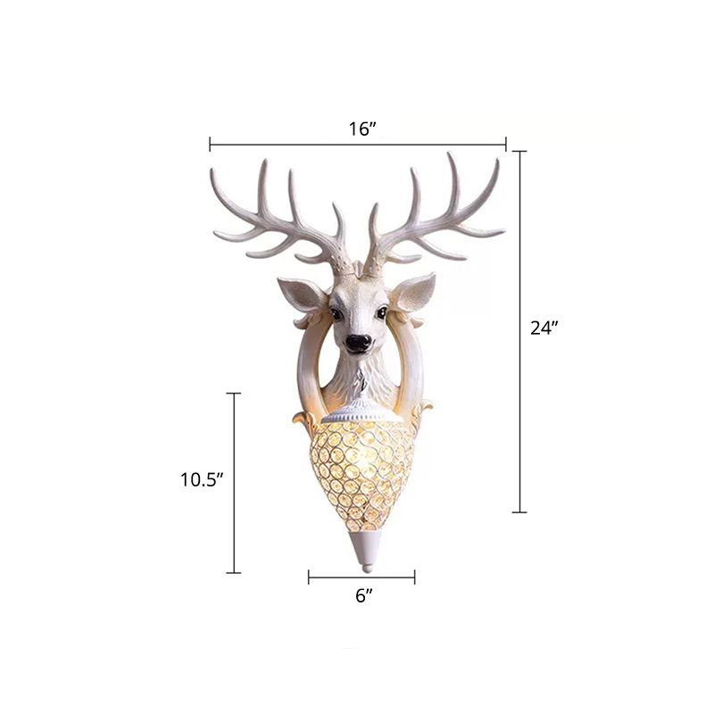 Lodge Deer Head Wall Light Fixture 1 Bulb Resin Wall Sconce with Teardrop Crystal Shade