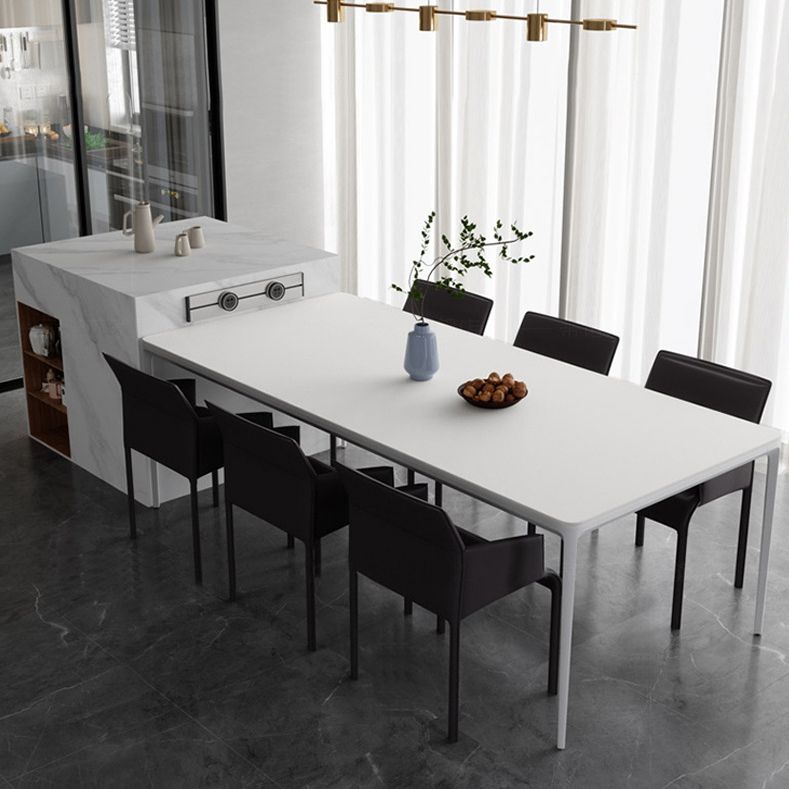 Metal Contemporary Rectangular Dining Table High Gloss White Sintered Stone Table with Metal Legs