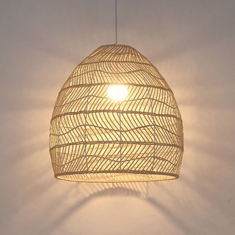 1-Light Hanging Light Fixture Asian Style Pendant Light with Rattan Shade for Bedroom