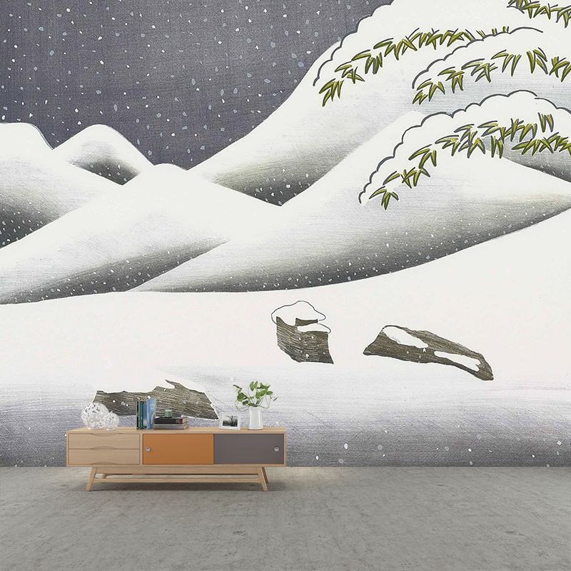 Art Snowing Mountain Landscape Murals Grey-Green Stain Resistant Wall Decor for Home