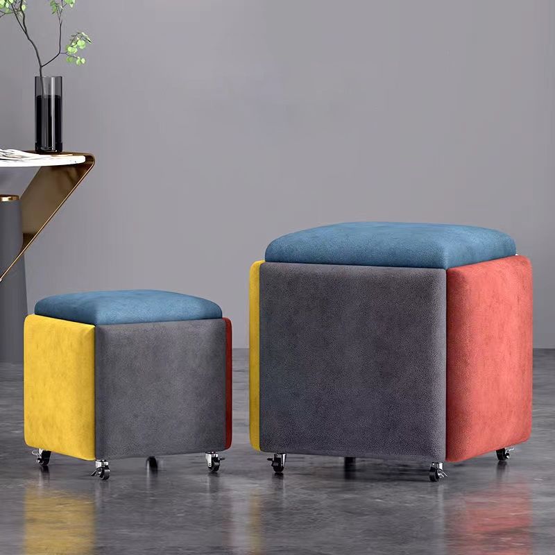 Modern Ottoman Velvet Upholstered Solid Color Square Ottoman with Bottom Rack