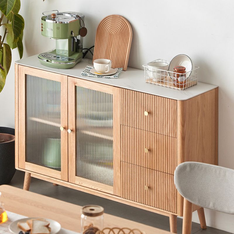Oak Finished Sideboard Modern Style Glass Door with 3 Drawer