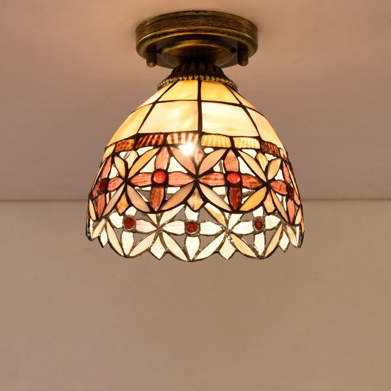 Tiffany Floral Bell Flush Mount 1-Light Shell Ceiling Light Fixture in Beige/Red-White/Pink for Living Room