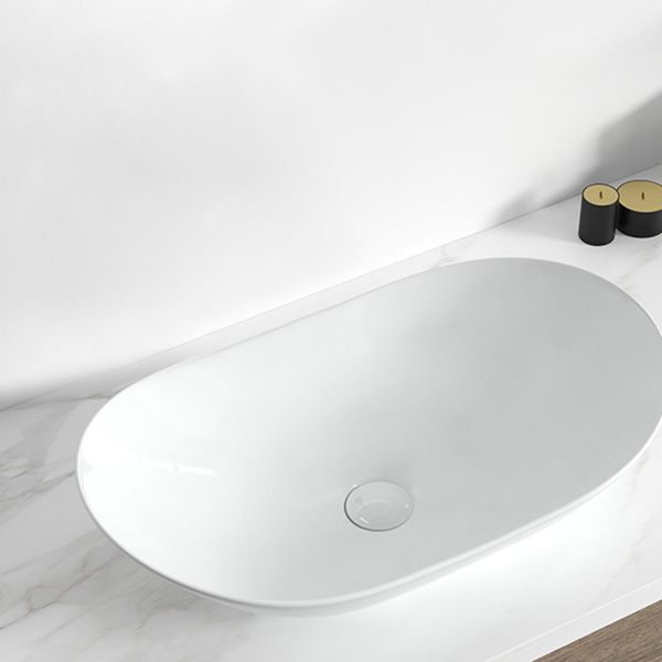 Contemporary Bathroom Sink Pop-Up Drain Porcelain Solid Color Oval-Shape Vessel