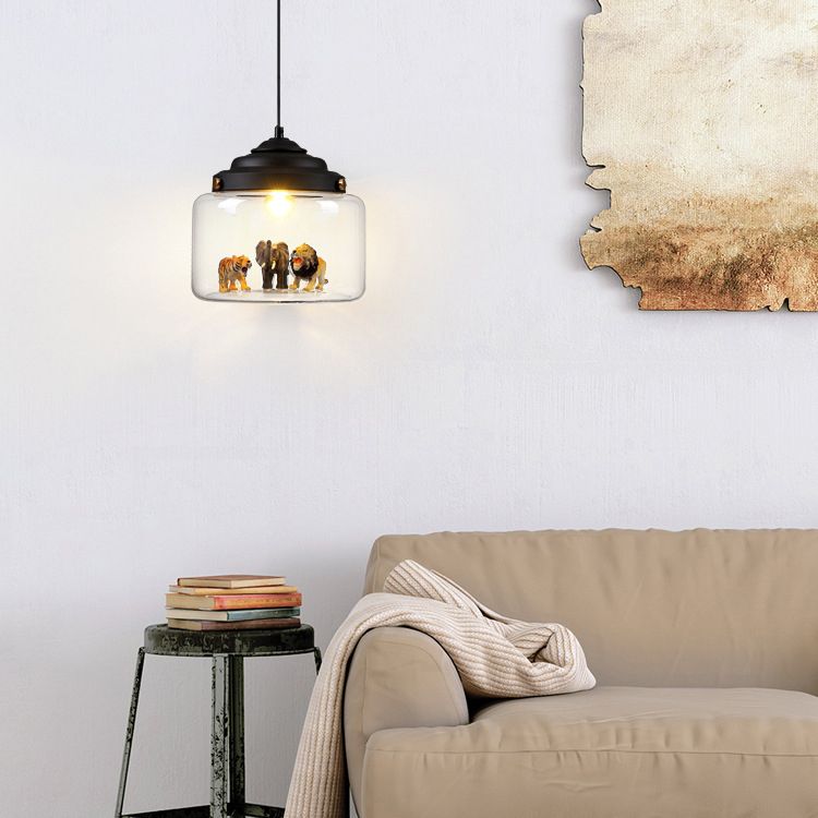 Suspension en verre transparent cylindrique en verre transparent des animaux de dessin animé moderne lampe pour la chambre à coucher pour les enfants (les animaux sont expédiés au hasard)