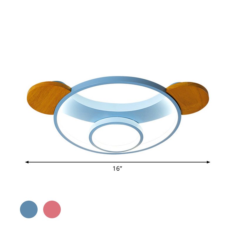 16"/19.5" W Bear Head Shape Flush Lamp Cartoon Metal LED Bedroom Flush Mount in Pink/Blue and Wood, Warm/White Light