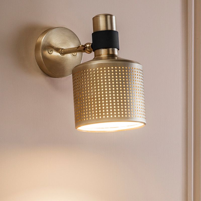 Cylinder Bedroom Wall Lamp Fixture Metal 1 Bulb Gold Sconce Wall Light with Cutout Design