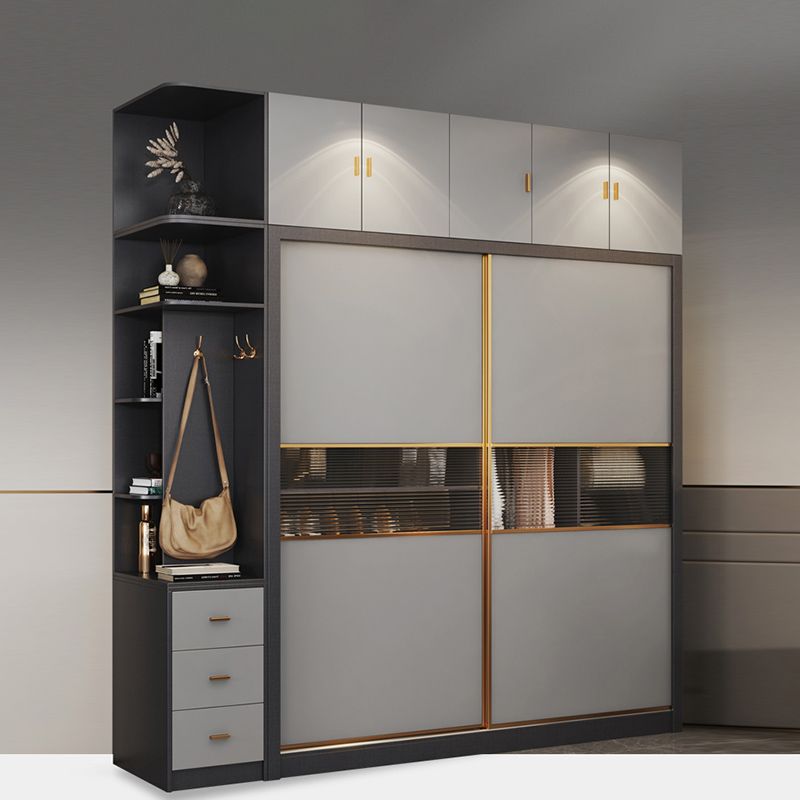 Wooden Sliding Wardrobe Cabinet Grey Wardrobe Armoire with Garment Rod