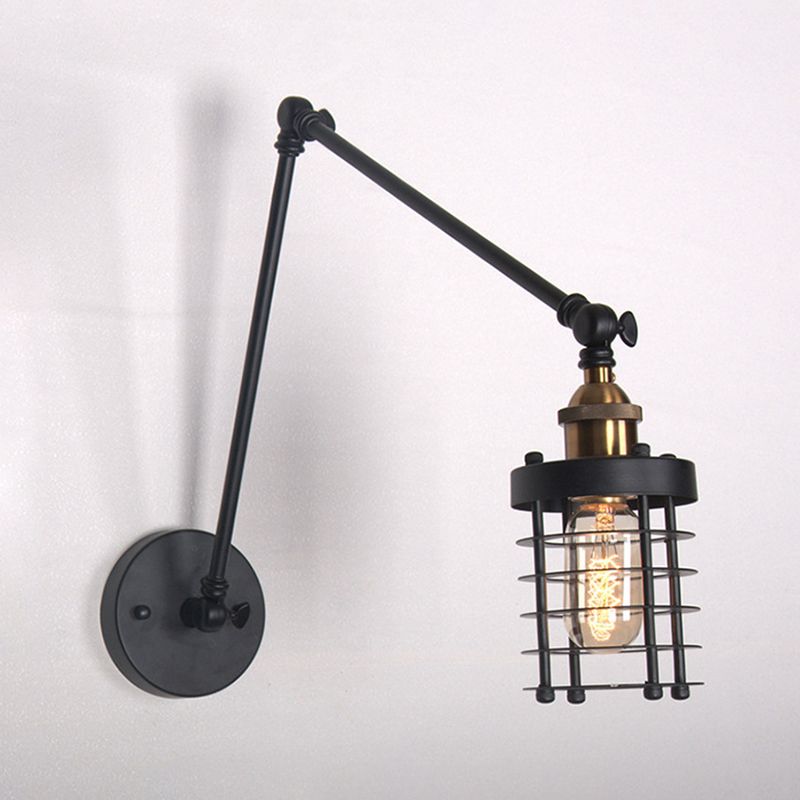 Zylindrische Käfig Metall Schatten Wandlampe Retro -Stil 1 Licht Schlafzimmer Wandleuchte mit Schwingarm in Schwarz