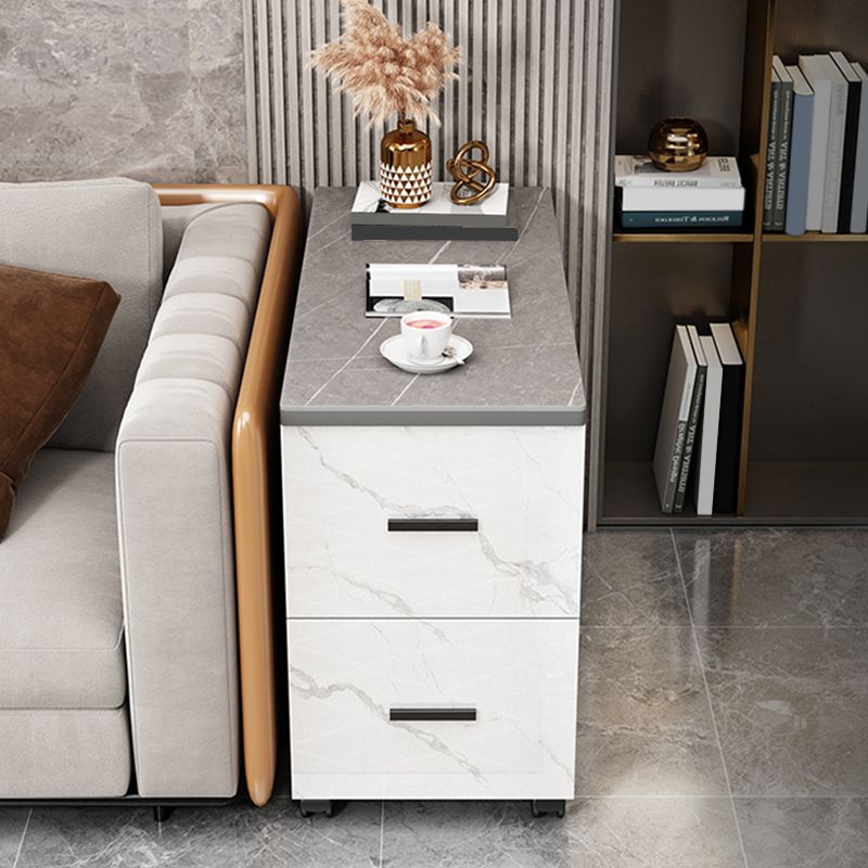 Modern Rectangle Sofa Side Accent Table with Stone Top and Drawers