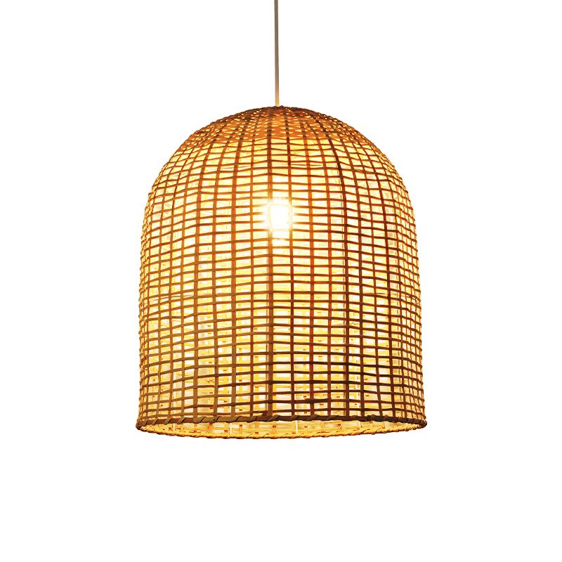 Asia Single-Bulb Pendant Lamp Beige Cloche Shaped Suspension Light with Bamboo Shade