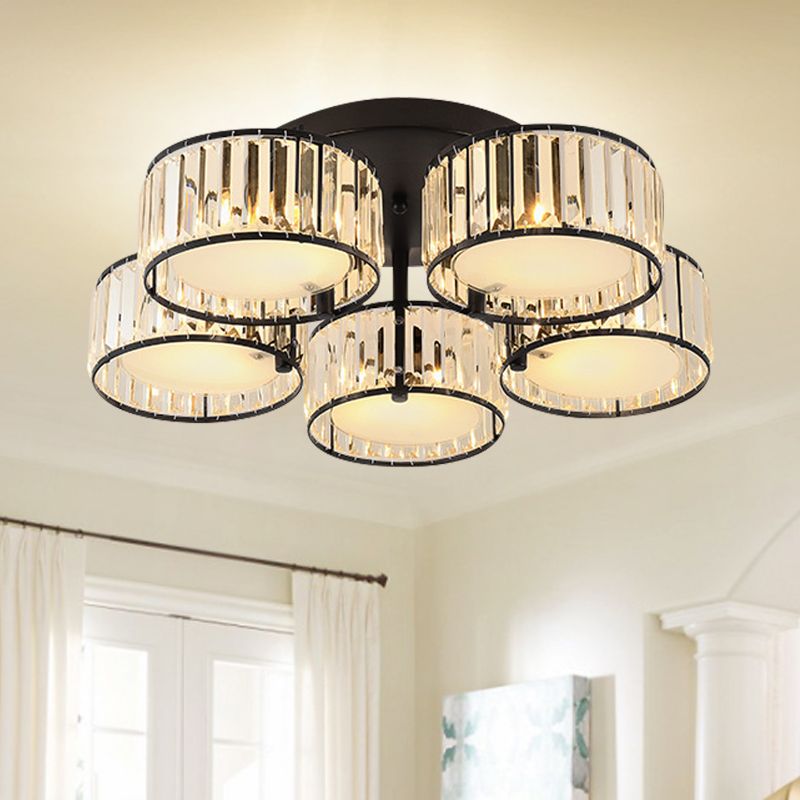 3/5/6 Lights Living Room Ceiling Light Fixture Modern Black Flush Mount with Drum Crystal Shade