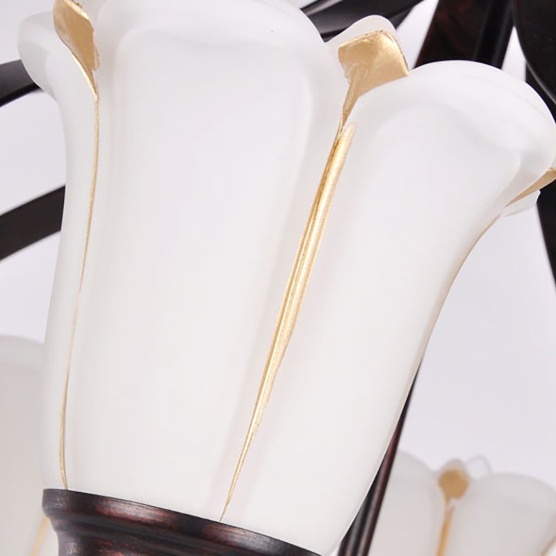 Floral Dining Room Suspension Lamp Milk Glass 3/5/8 Heads Modern Style Chandelier Lighting Fixture in Red Brown