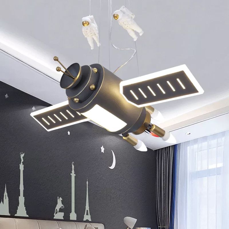 Space Satellite Astronaut Pendant Lamp Kids Resin Dark Grey LED Chandelier Light for Bedroom