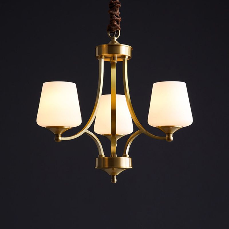 Traditional Tapered Hanging Ceiling Light Opaline Glass Chandelier Lighting in Brass