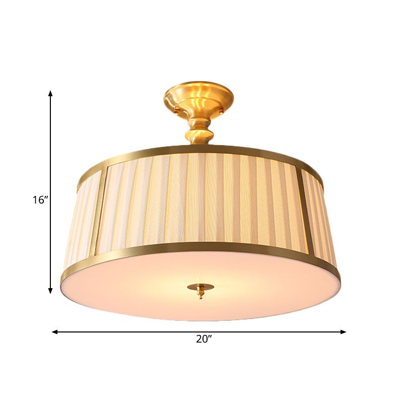 Round Fabric Semi Flush Light Colonialism 4 Heads Bedroom Metallic Ceiling Lighting in Gold