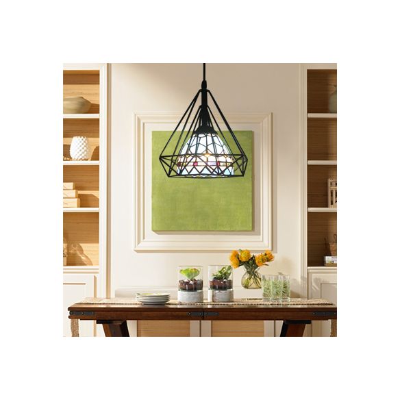 Hotel Domed Pendant Light Stained Glass 1 Light Tiffany Blue Hanging Light with Diamond Cage
