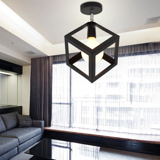 Industrial Flush Light Fixtures Geometric Iron 1 Light Flush Mount Lamps in Black