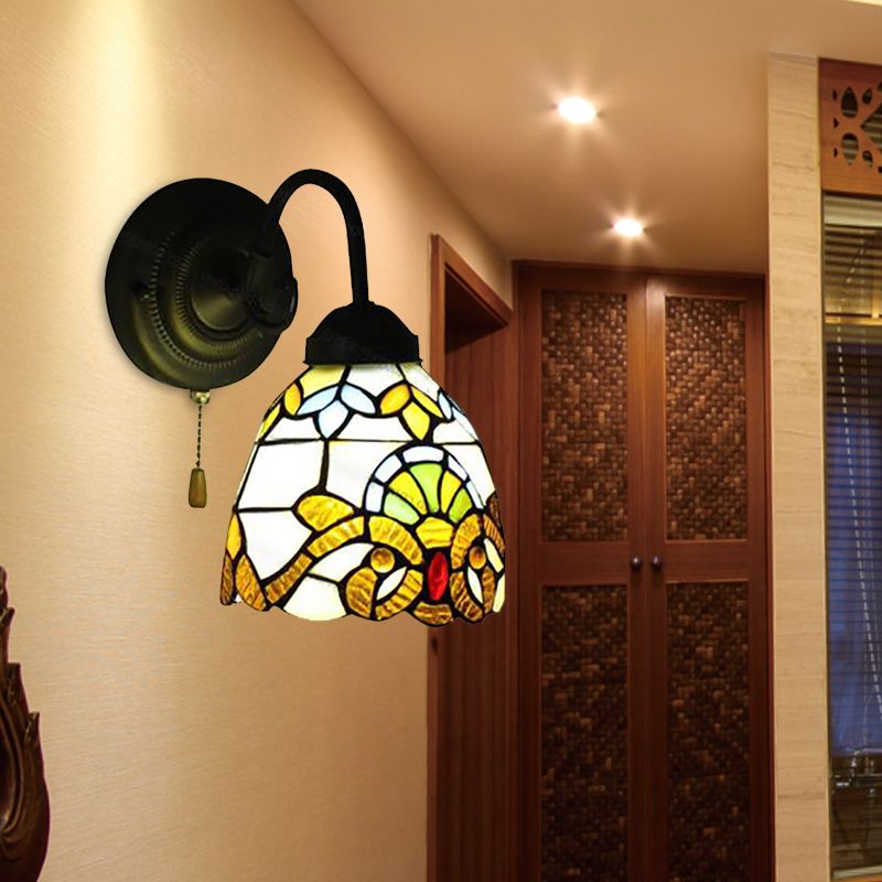 Yellow Dome Wall Sconce Victorian Stained Glass 1 Head Wall Fixture Light with Pull chain for Hallway