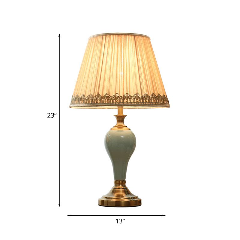 Ceramic Urn Table Lighting Vintage 1 Bulb Bedside Nightstand Light in Aqua/Beige/Silver Grey with Tapered Fabric Shade