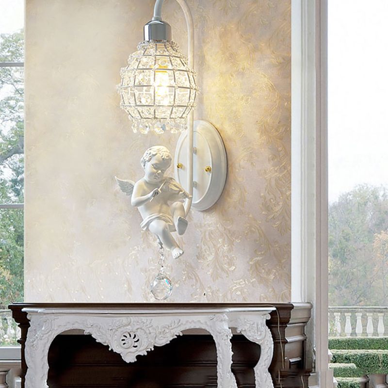 1 Light Wall Sconce Light with Globe Crystal and Angel Decoration Simple Corridor Wall Mount Light in White