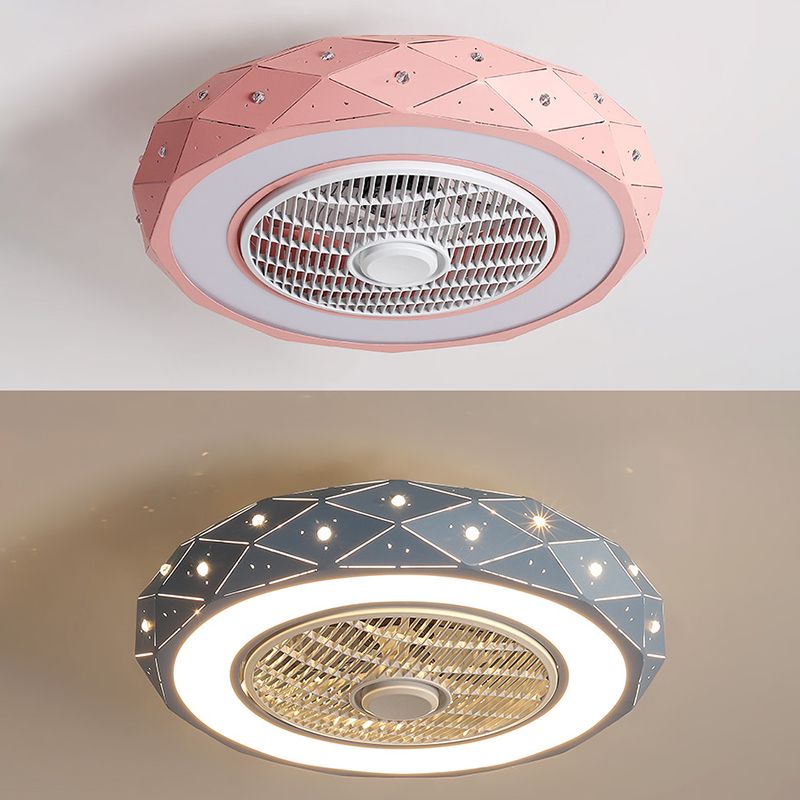 Macaron Drum Shaped Ceiling Fan Metal Child Bedroom LED Semi Flush Light