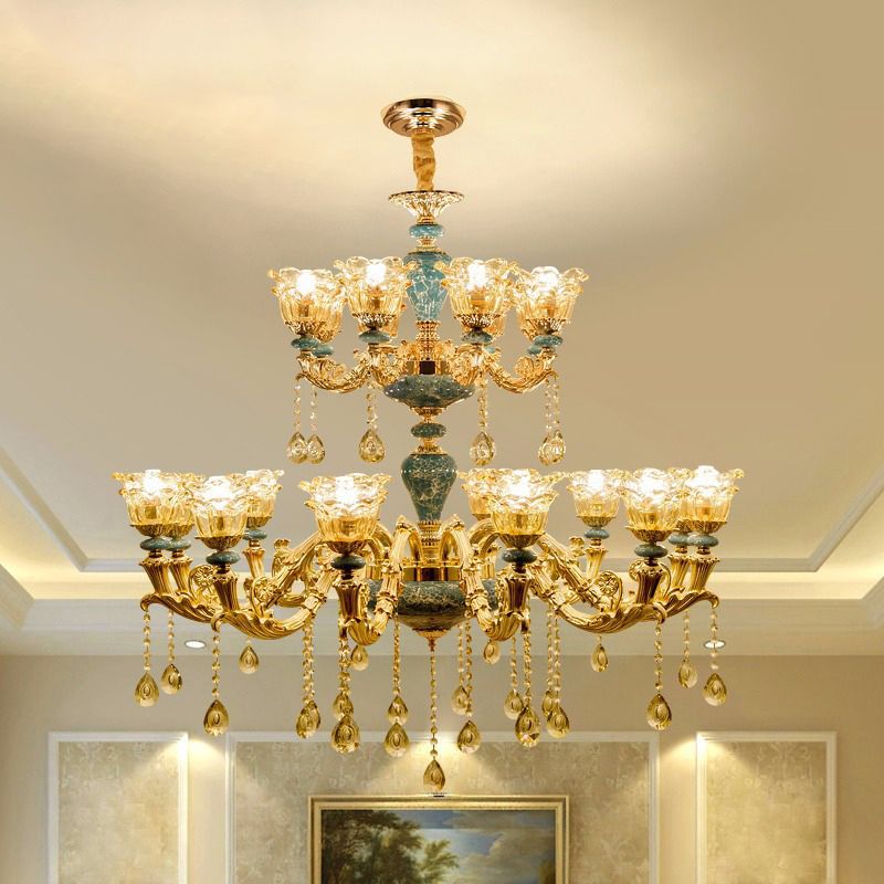 Ruffled Edge Living Room Chandelier Light Retro Handblown Glass Gold Pendant Light Fixture with Crystal Draping