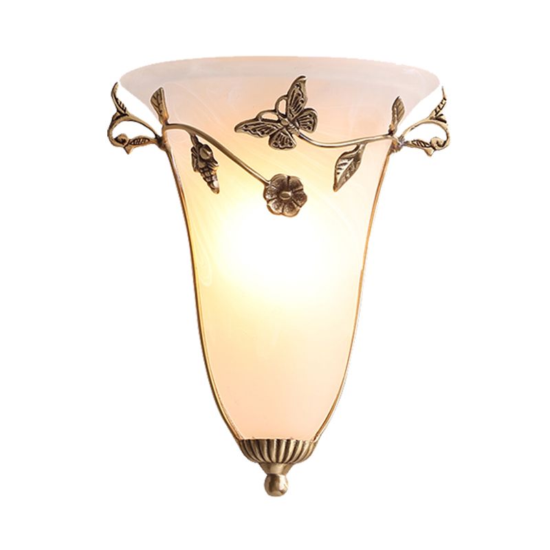 Lampe à cloche lampe traditionnelle verre blanc 1 bulbe en laiton applique luminaire avec papillon et fleur