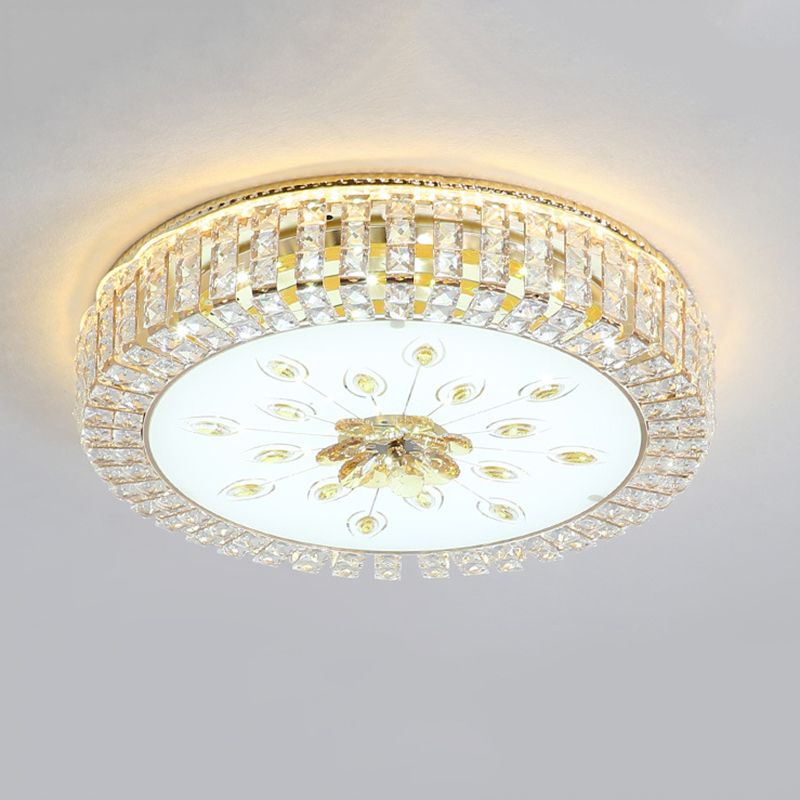 Metal White LED Ceiling Fixture in Modern Luxury Style Circular Crystal Flush Mount with Glass Shade