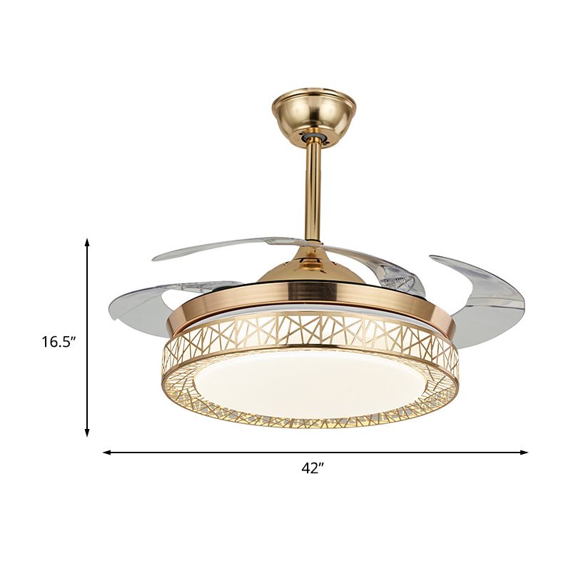 42 "brede LED semi-flush plafondlicht minimalisme ring metalen hanger ventilatorlamp in zilver met 4 heldere messen, externe/wandregeling/3 kleurlicht