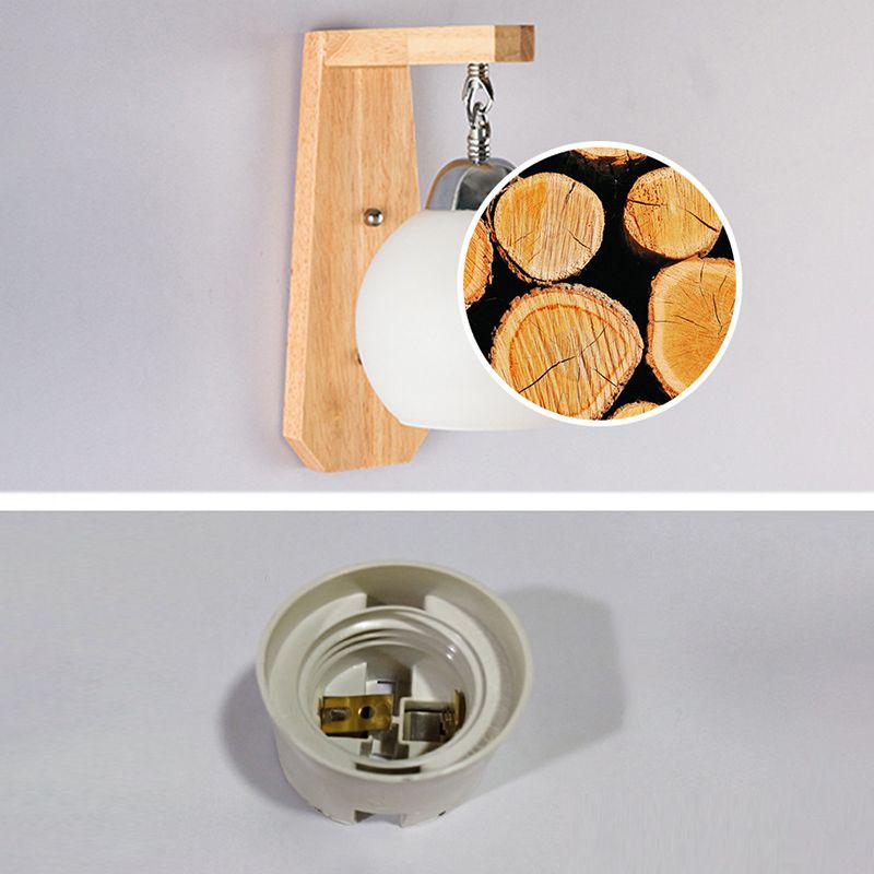 Luz de pared de globo de vidrio de leche con lámpara de pared contemporánea de bombilla de madera en blanco para dormitorio