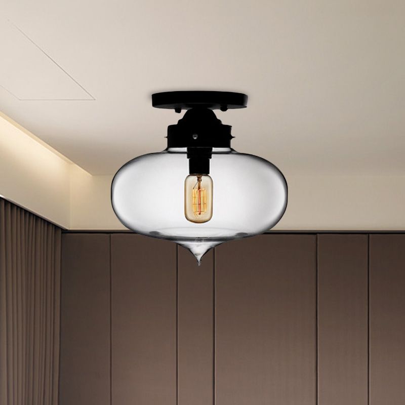 Black One Light Ceiling Mount Industrial Red / Brown / Amber Glass Oval Shade Semi Flush Light for Dining Room