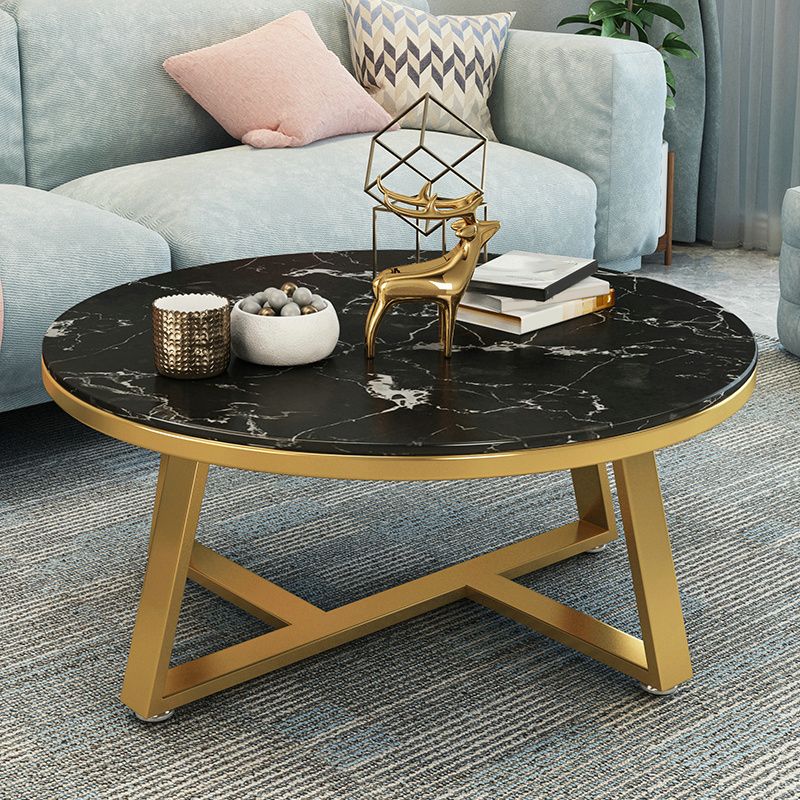 Glam Cross Legs Coffee Table Faux Marble Round Cocktail Table