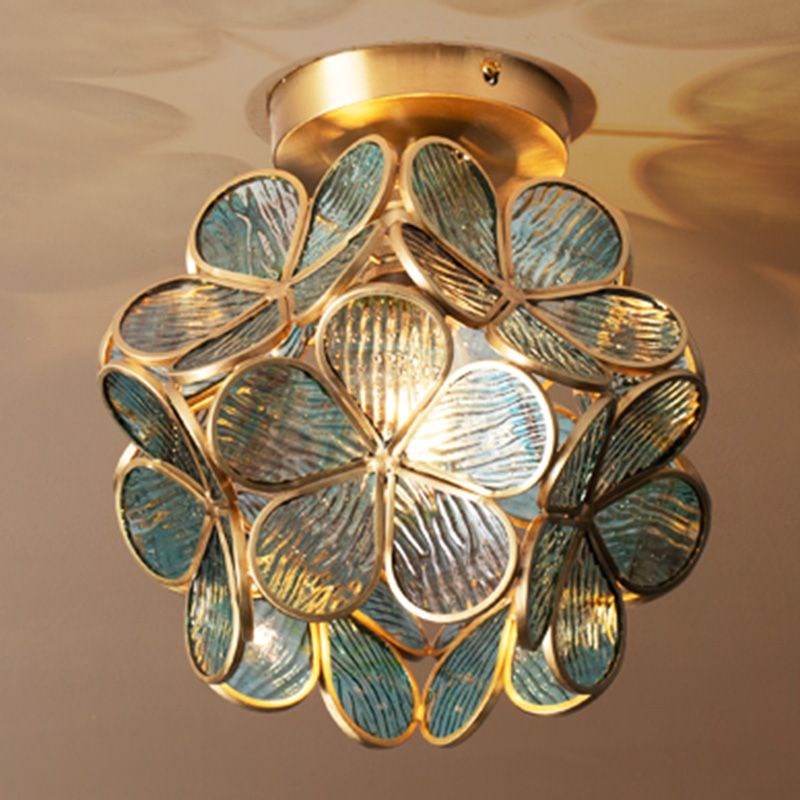 Ceiling Mounted Fixture Classic Style Shaded Glass Close to Ceiling Lighting Fixture in Brass