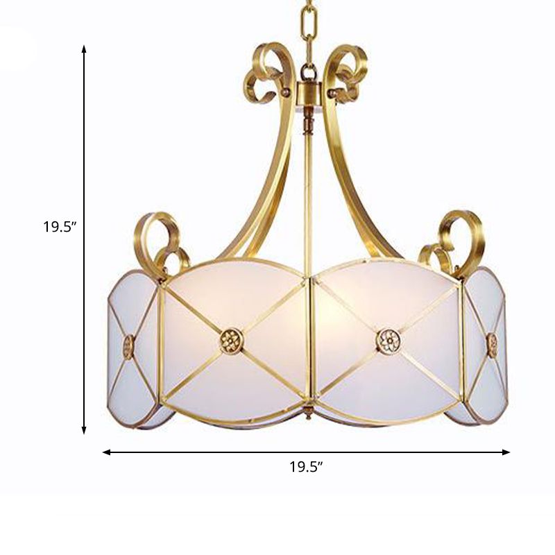 4 Leuchten Kronleuchter anheizt hellkolonial mit überbrochener weißer Glasfederlampe für Esszimmer