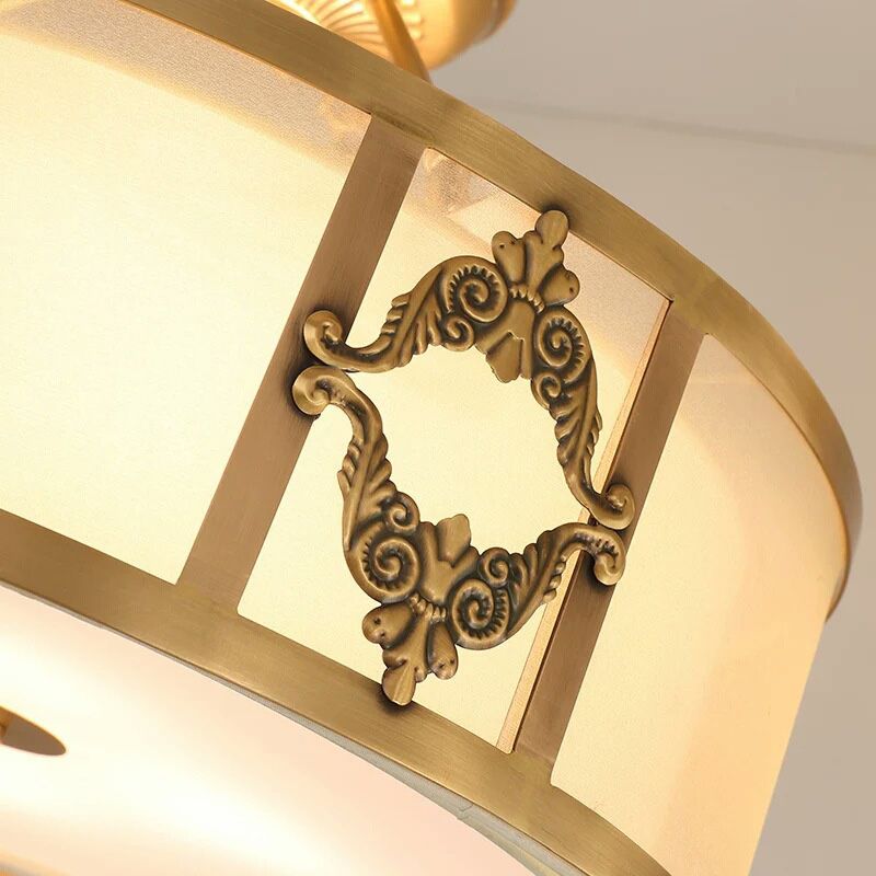 16 "/19.5" W latón 3/4 cabezas semi flush luz retro listón de techo de tambor de tambor de vidrio para sala de estar