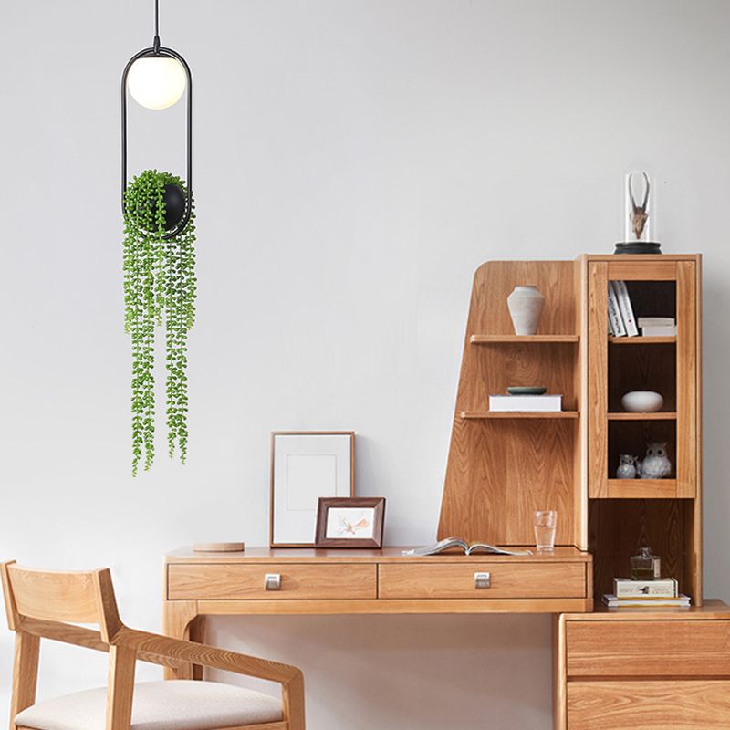 Modern Oval Metal Hanging Lamp White Glass Globe Shade 1 Light Pendant Light with Green Plant