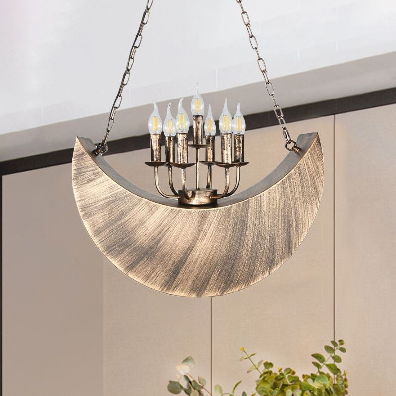 Living Room Candle Hanging Light with Crescent Deco Metal 7-Light Vintage Chandelier in Legacy Brass