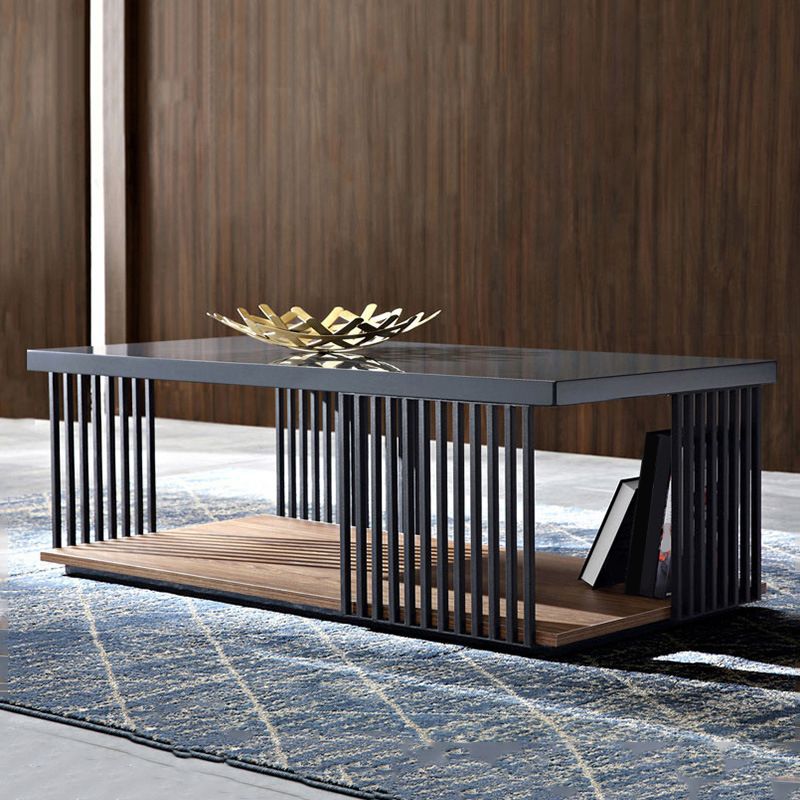 Rectangular Iron and Wood Coffee Cocktail Table with Storage