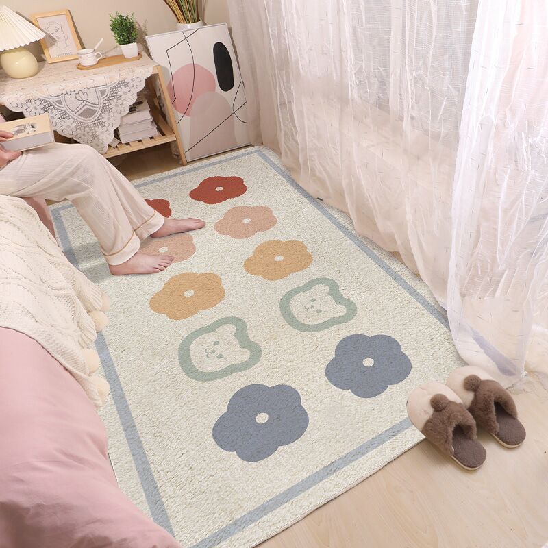 White Flower Indoor Rug Polyester Kids Area Rug Non-Split Backing Carpet for Bedroom