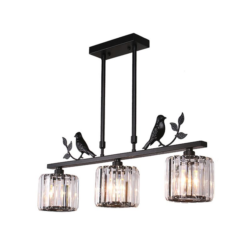 Présentation du cylindre à 3 bulbs Light Postmodern Black / Gol Crystal Prism Pendant avec décoration d'oiseaux et de feuilles