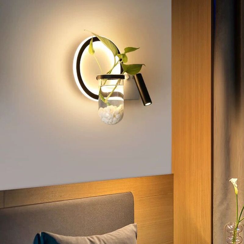 Round/Square Bedroom Sconce Light Industrial Clear Glass LED Black Wall Lighting in Warm/White Light
