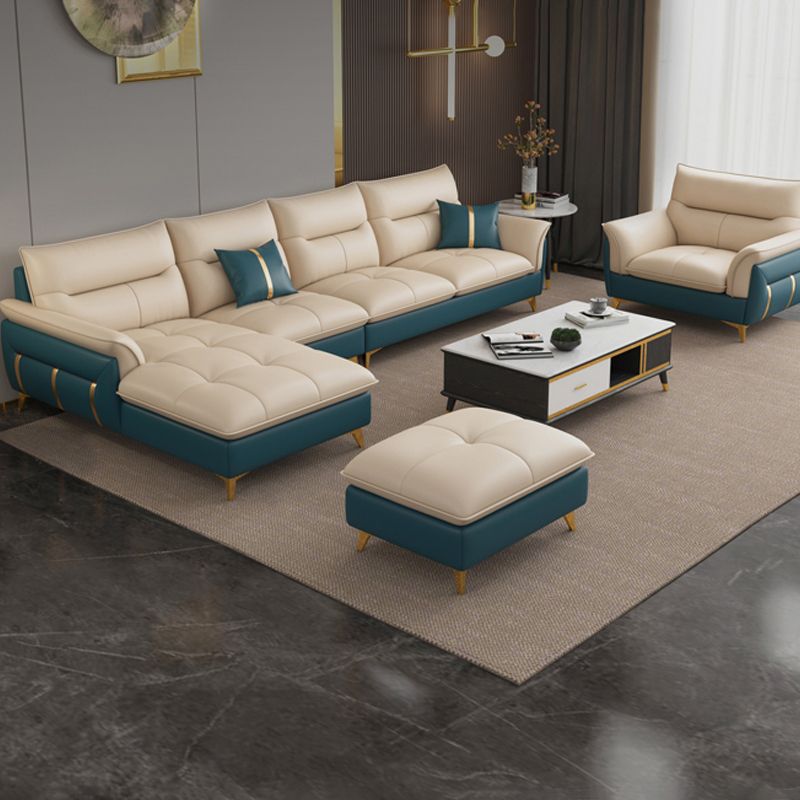 Genuine Leather Sectional Sofa 35.82" High Cream Sofa with Cushion Back