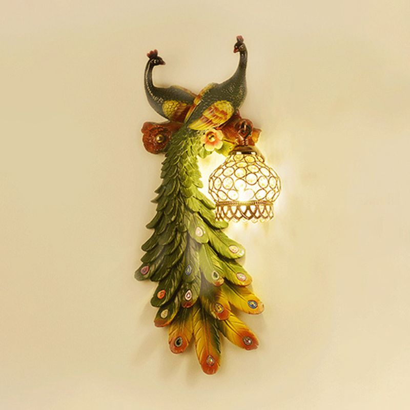 Kristall-verkrustete Laternenwand-Lampe rustikaler 1-Licht-Wohnzimmerleuchter mit mehrfarbigem Pfauen-Deko