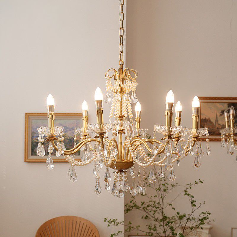 Candle Chandelier Light Fixtures American Style Multi-Head Hanging Pendant Lamps with Crystal Bead