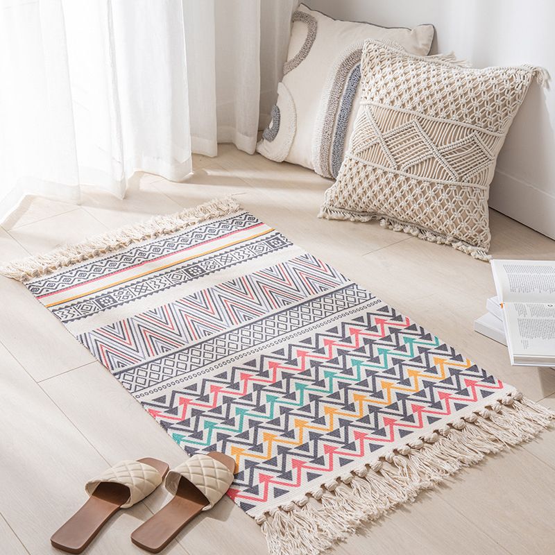 Calming Tribal Print Rug Cotton Fringe Carpet Pet Friendly Indoor Rug for Living Room