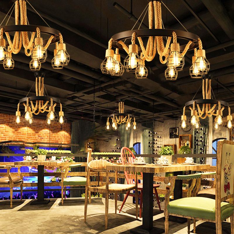 Candelier de alambre de metal Luz de colgante Estilo rústico Beige Rope Hanging Chandelier Light