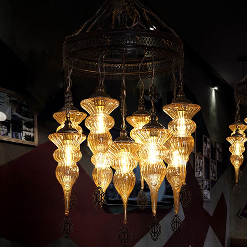 9 Bulbs Pendant Chandelier Traditional Coffee Shop Suspension Lighting Fixture with Jar Tan Ribbing Glass Shade