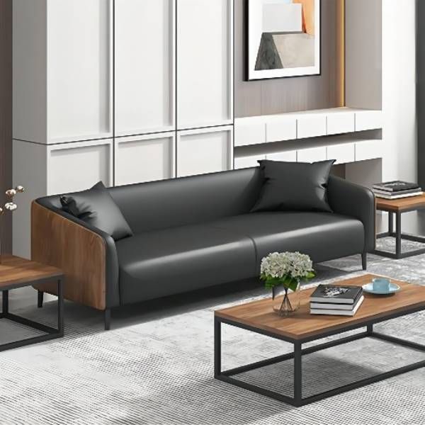 Modern Faux Leather Sofa Tuxedo Arm Tight Back Sofa in Grey/black
